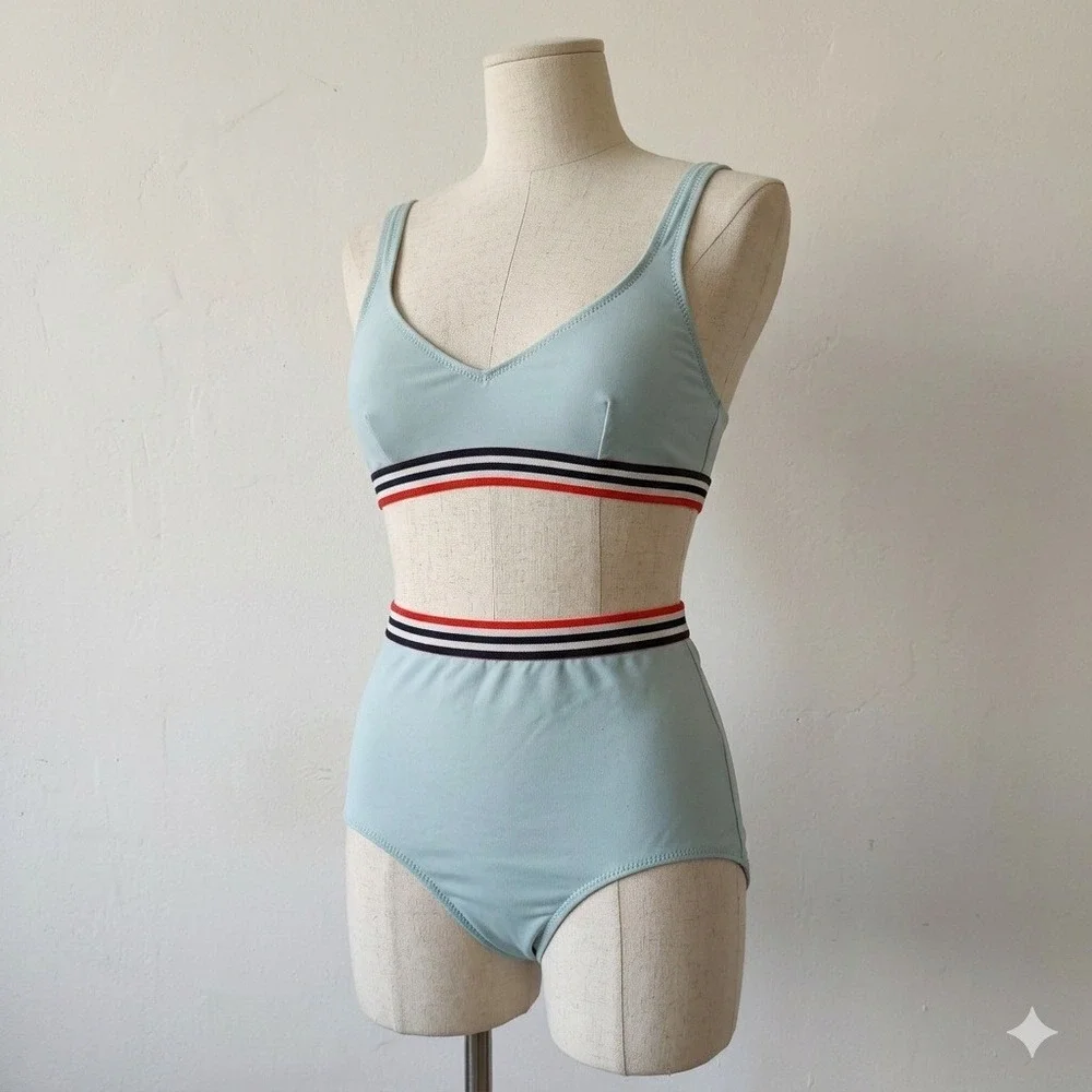 Solid &‎ Striped Womens Bikini Large Blue High Waisted Striped Trim Sporty Retro